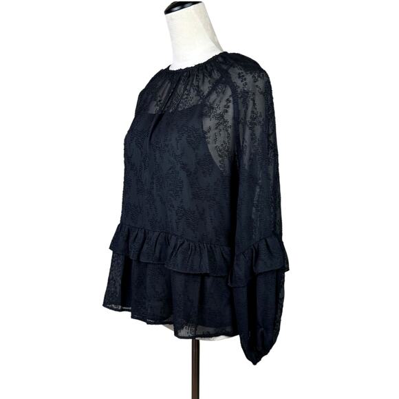 Pinch NWT Black Sheer Chiffon Textured Ruffle Long Sleeve Blouse w Camisole - Picture 2 of 15